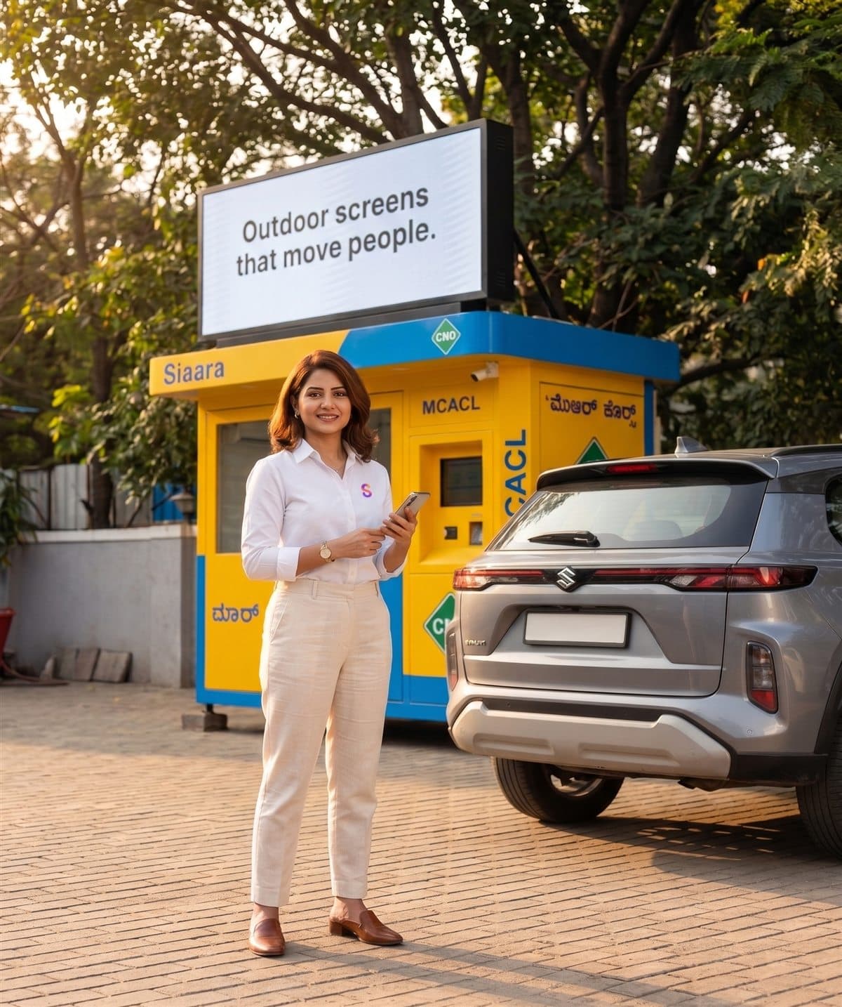 Siaara Media team member at a Mechmiles branded CNG station in India, standing beside a DOOH advertising screen reading Outdoor screens that move people