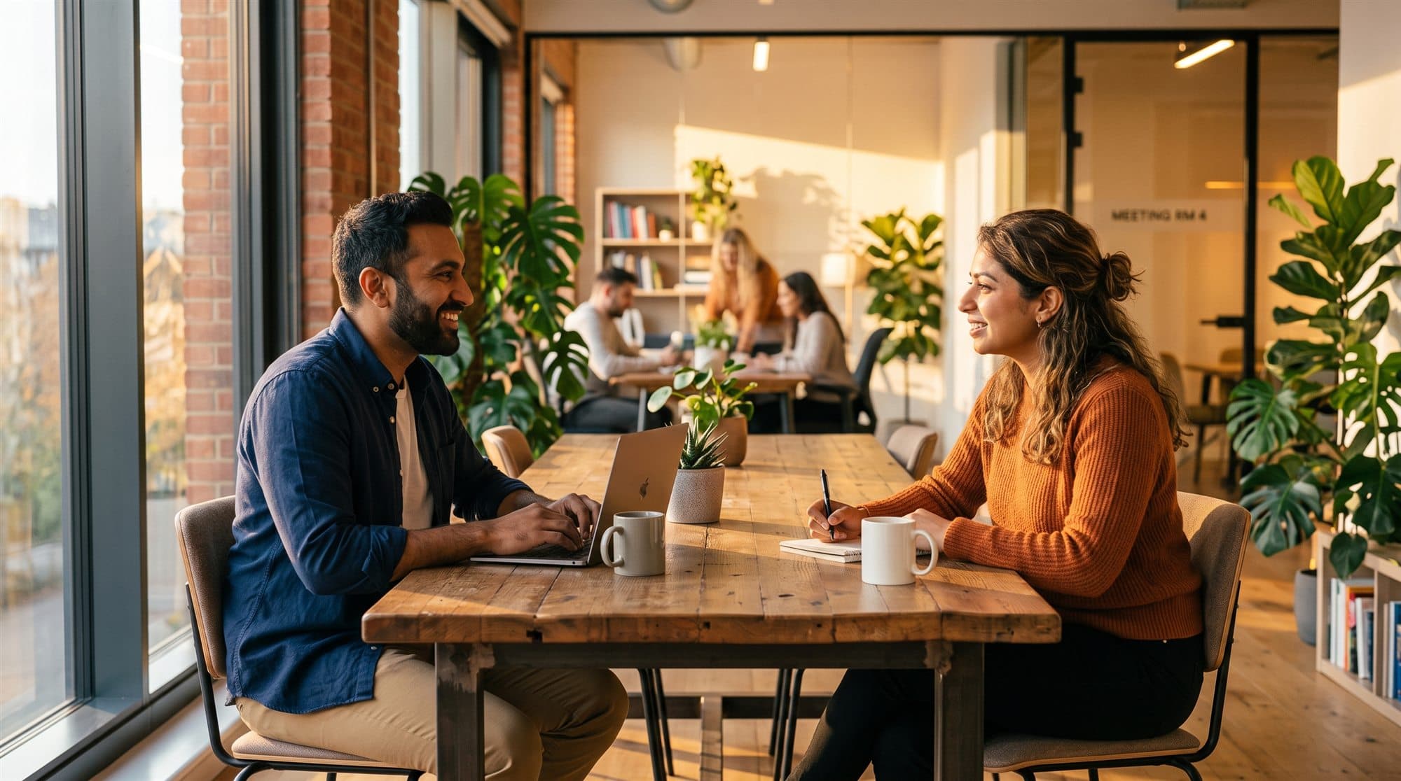 Siaara Media team member in conversation with a client across a table in a bright Bangalore office, discussing DOOH advertising at petrol pumps